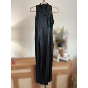 Vintage Jessica Mcclintock Gunne Sax Cheongsam Maxi Dress Dark Green Size 3/4